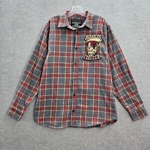 Assholes Live Forever Men Button‎ Shirt XL Gray Plaid Flannel Logo Death Reaper